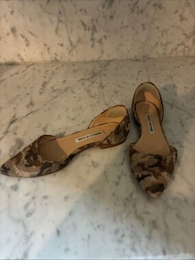 Manolo Blahnik Brown And Green Camo Pointed D'Orsay Flats
